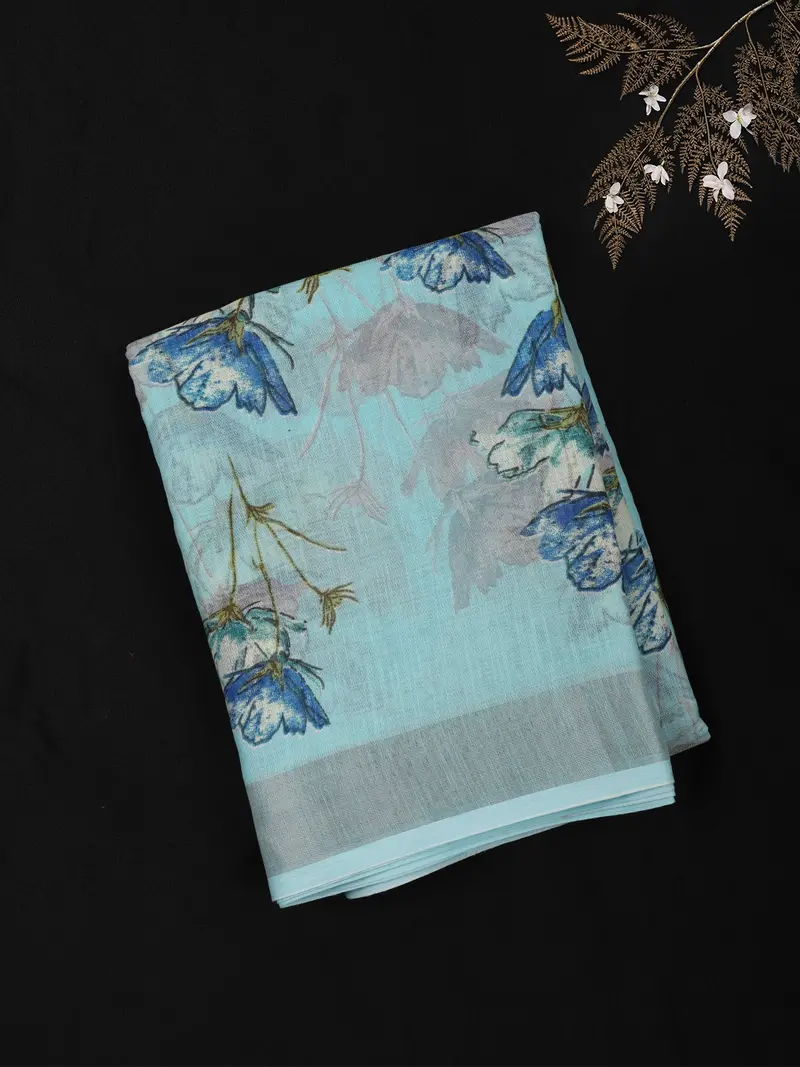 Soft Aqua Blue Floral Printed Design Blended Cotton Saree 1