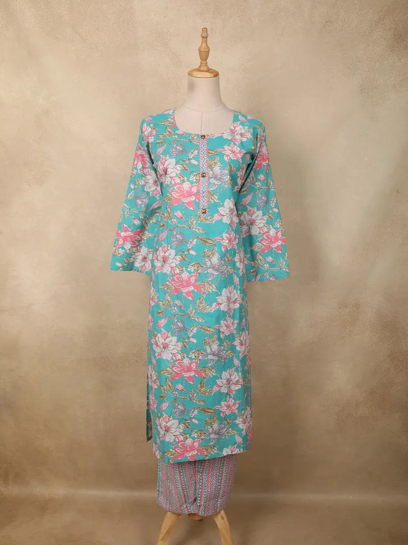 Soft Aqua Blue Floral Printed Design Cotton Straight Cut Salwar Suit 1