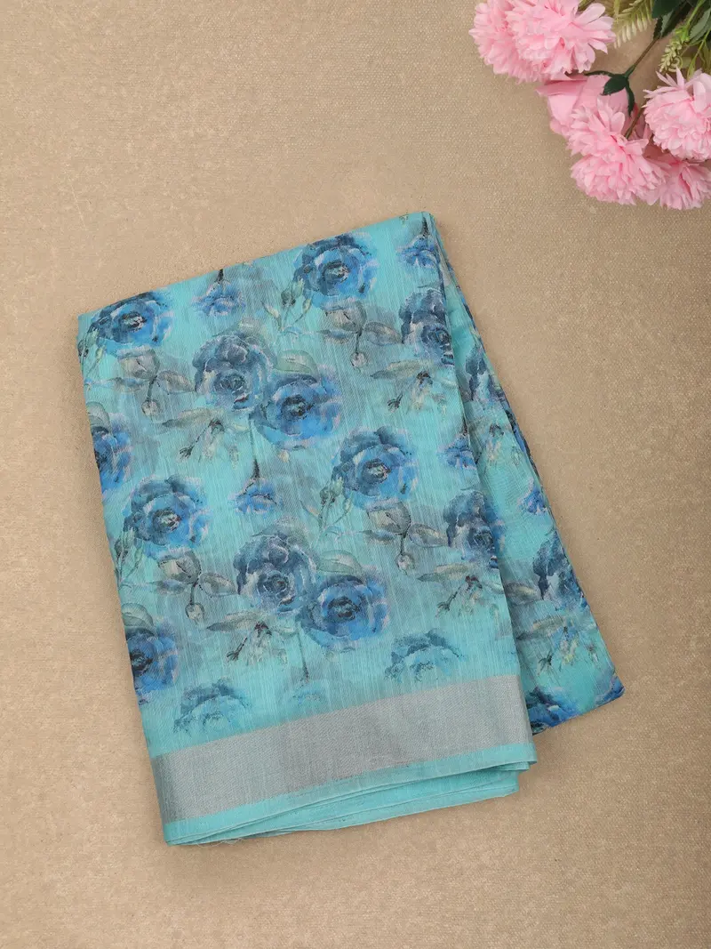 Soft Aqua Blue Floral Printed Design Linen Cotton Casual Wear Saree 1