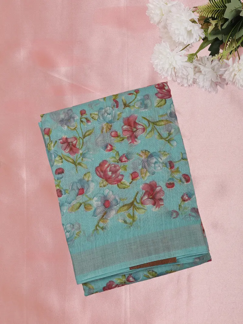 Soft Aqua Blue Floral Printed Design Mixed Cotton Saree 1