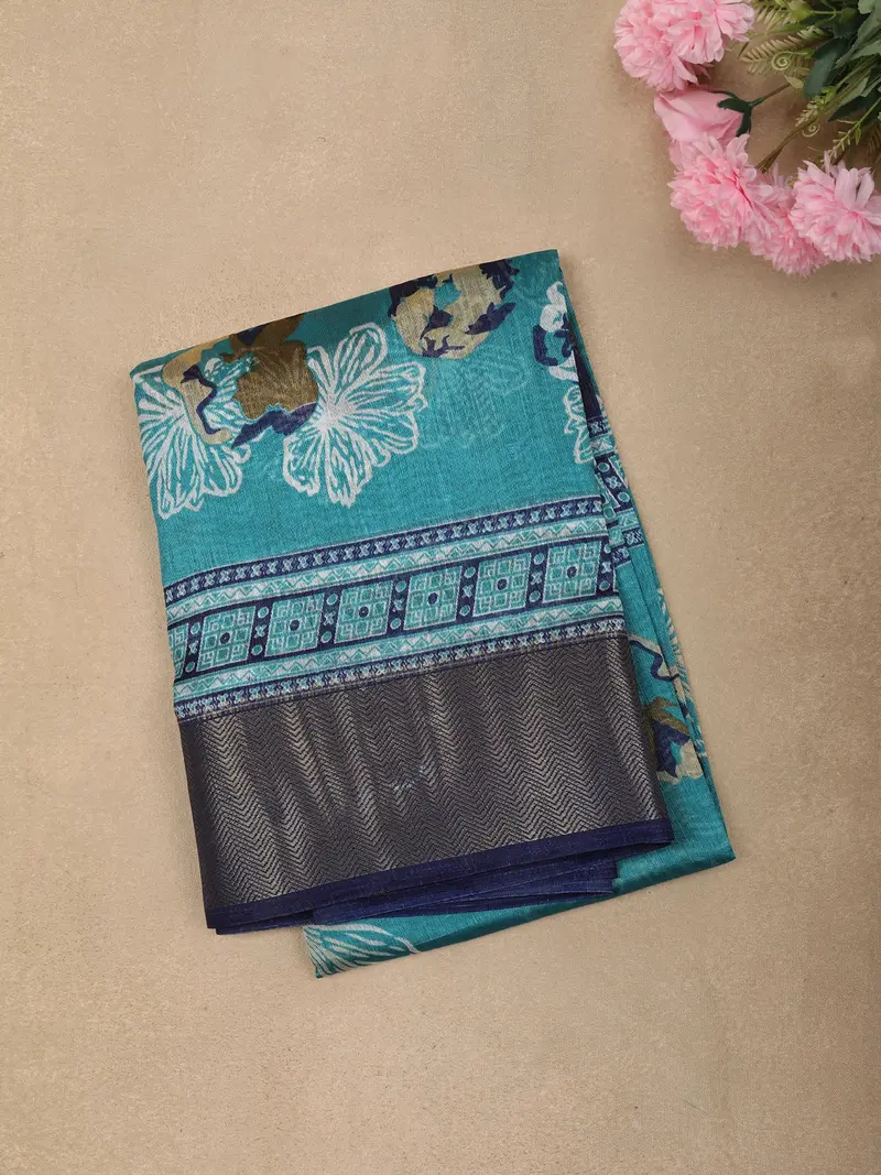 Soft Aqua Blue Floral Printed Design Mixed Cotton Saree With Contrast Zari Border 1