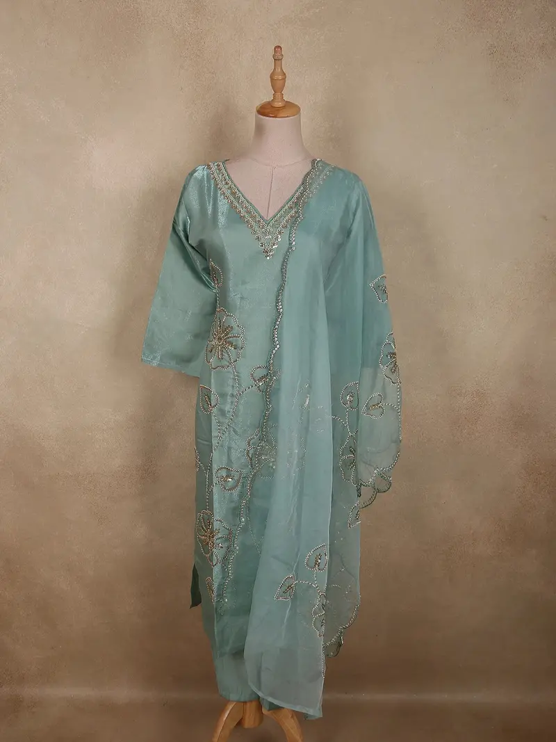 Soft Aqua Blue Floral Sequins And Beads Embroidered Design Organza Salwar Suit 1