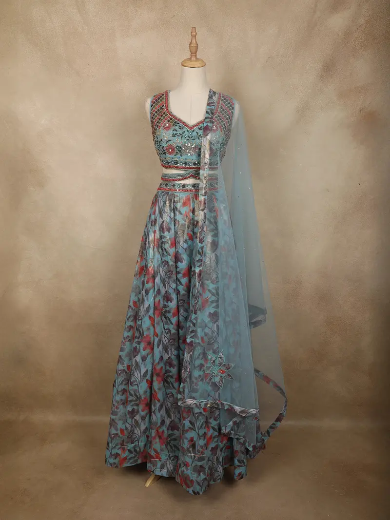 Soft Aqua Blue Floral Thread And Sequins Embroidered Design Organza Lehenga With Dupatta 1
