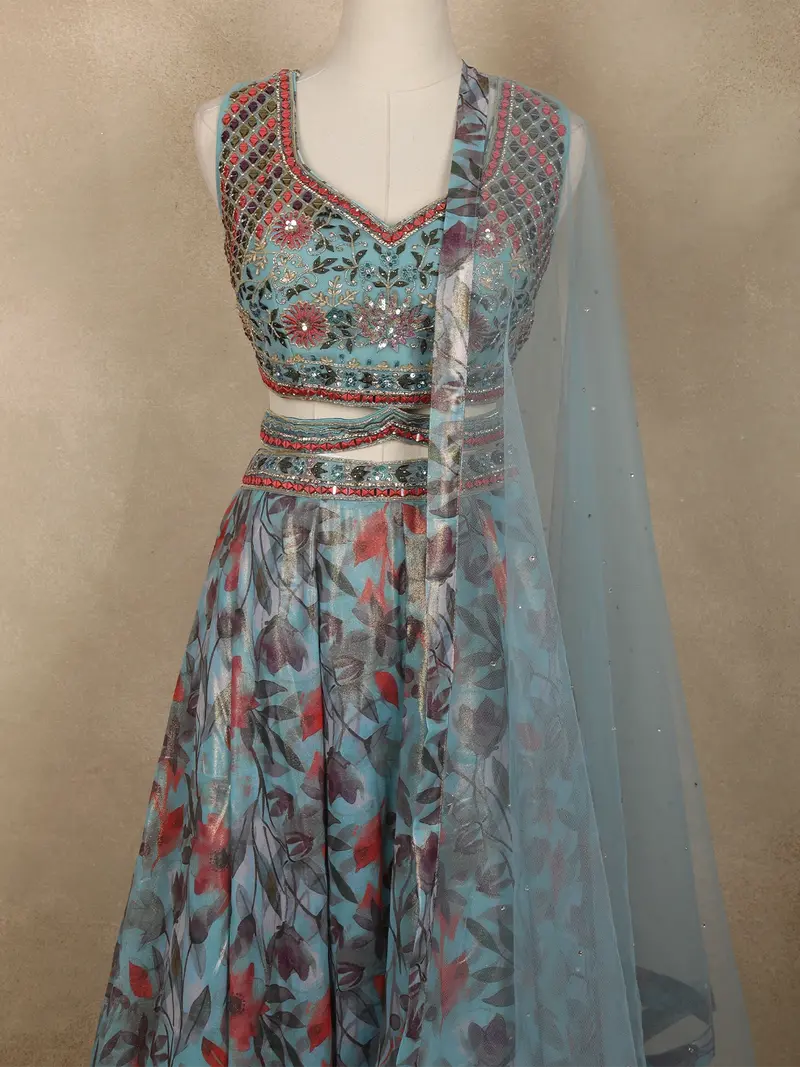 Soft Aqua Blue Floral Thread And Sequins Embroidered Design Organza Lehenga With Dupatta 2