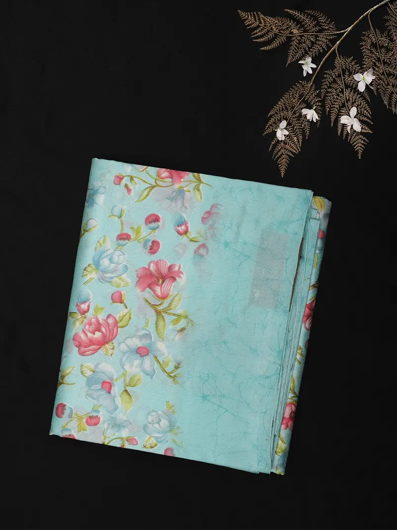 Soft Aqua Blue Floral Woven Design Blended Cotton Saree 1