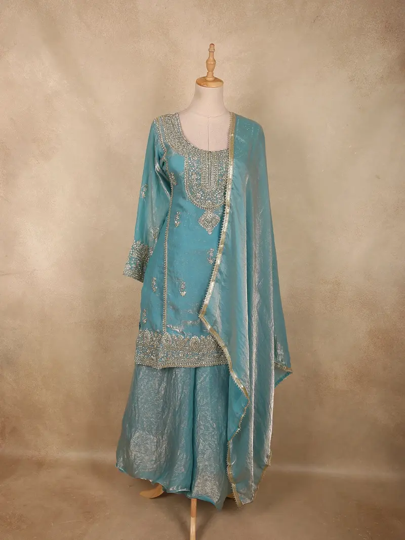 Soft Aqua Blue Floral Zari Embroidered And Stone Embellished Design Organza Palazzo Suit With Dupatta 1