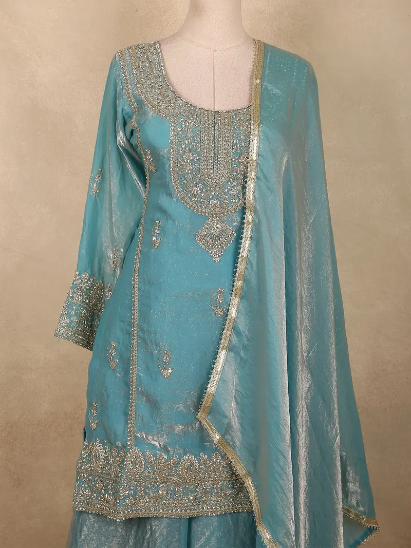 Soft Aqua Blue Floral Zari Embroidered And Stone Embellished Design Organza Palazzo Suit With Dupatta 2
