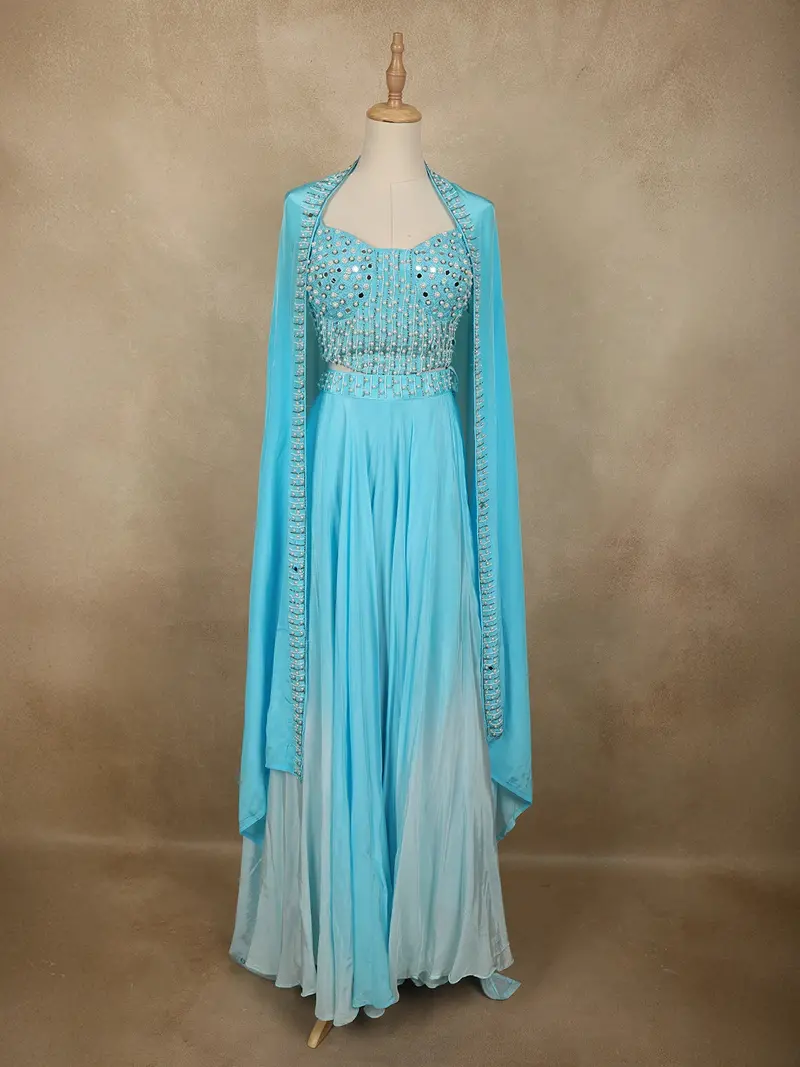 Soft Aqua Blue Heavy Beads Embroidered Design Satin Lehenga With Dupatta 1