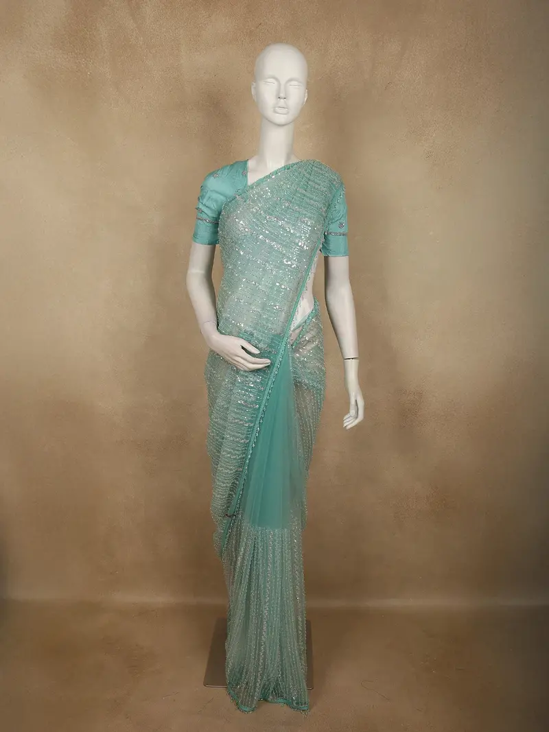 Soft Aqua Blue Heavy Sequins Embroidered Design Net Designer Saree With Designer Border 1
