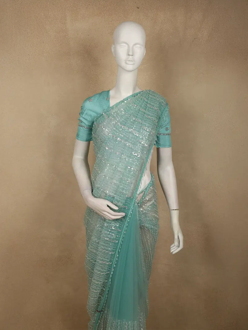 Soft Aqua Blue Heavy Sequins Embroidered Design Net Designer Saree With Designer Border 2