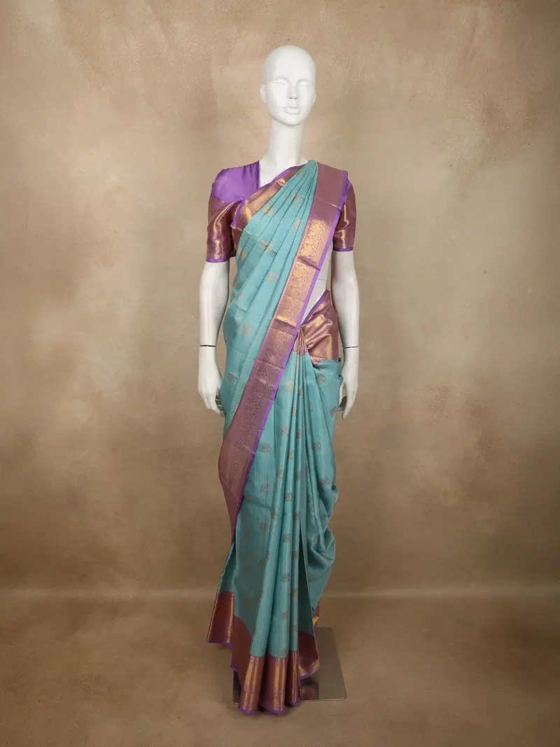 Soft Aqua Blue Stripes And Elephant Butta Zari Woven Design Pure Kanchipuram Silk Saree With Contrast Border 1