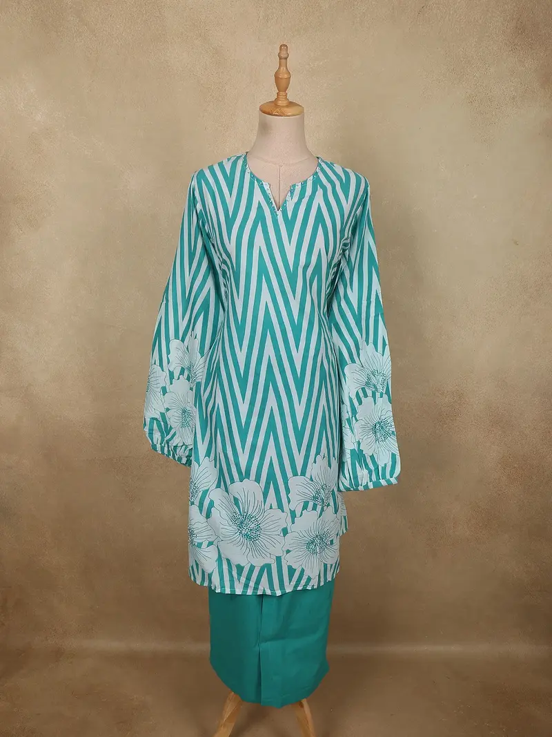 Soft Aqua Blue Zig Zag Printed Design Cotton Straight Cut Salwar Suit 1