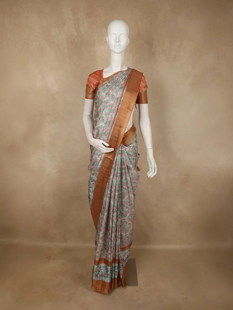 Soft Aqua Green Floral Printed Design Semi Tussar Saree 1