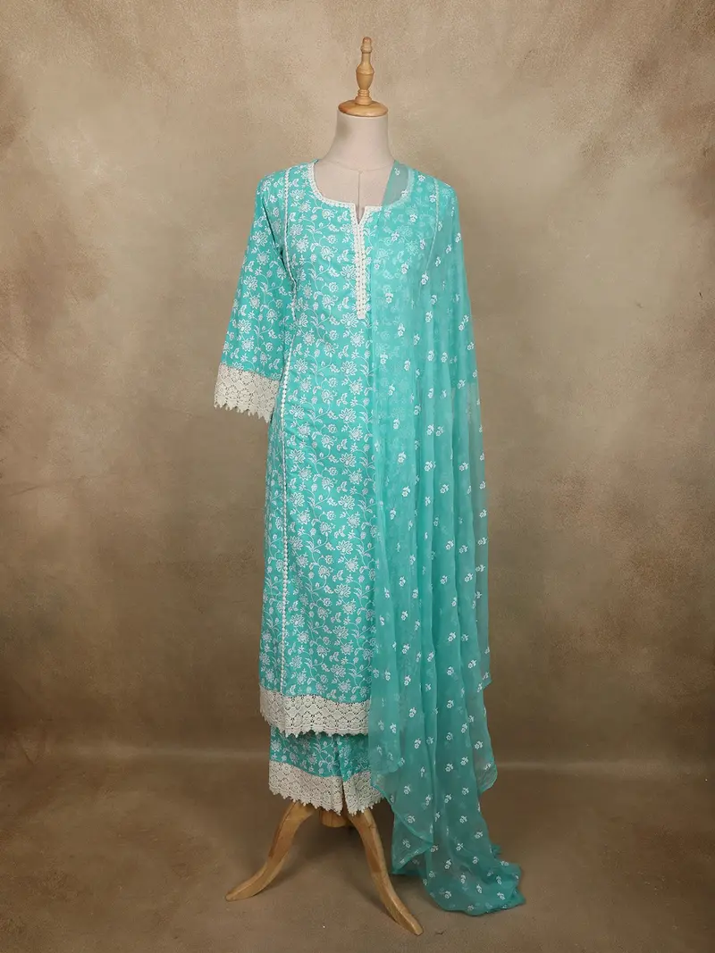 Soft Aqua Mint Blue Floral Printed Design Cotton Salwar Suit With Dupatta 1