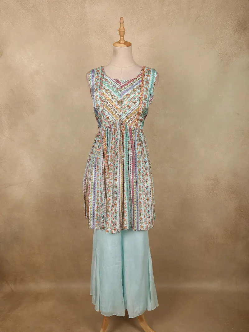 Soft Aqua Sky Blue Floral Printed Design Crepe Peplum Palazzo Suit 1
