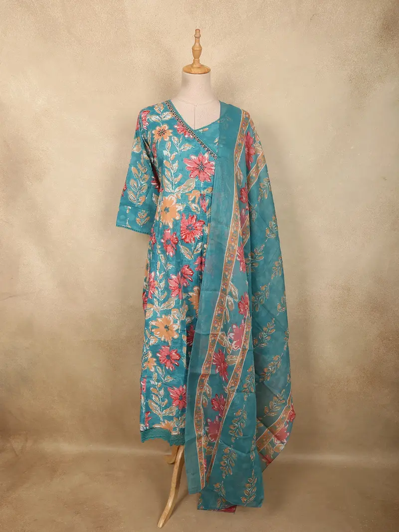 Soft Aqua Teal Blue Floral Printed Design Cotton Anarkali Salwar Suit With Dupatta 1