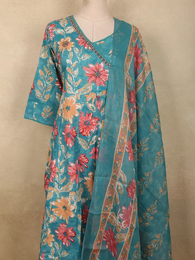 Soft Aqua Teal Blue Floral Printed Design Cotton Anarkali Salwar Suit With Dupatta 2