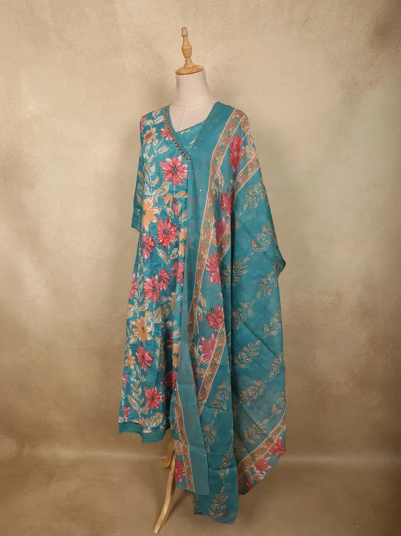 Soft Aqua Teal Blue Floral Printed Design Cotton Anarkali Salwar Suit With Dupatta 3