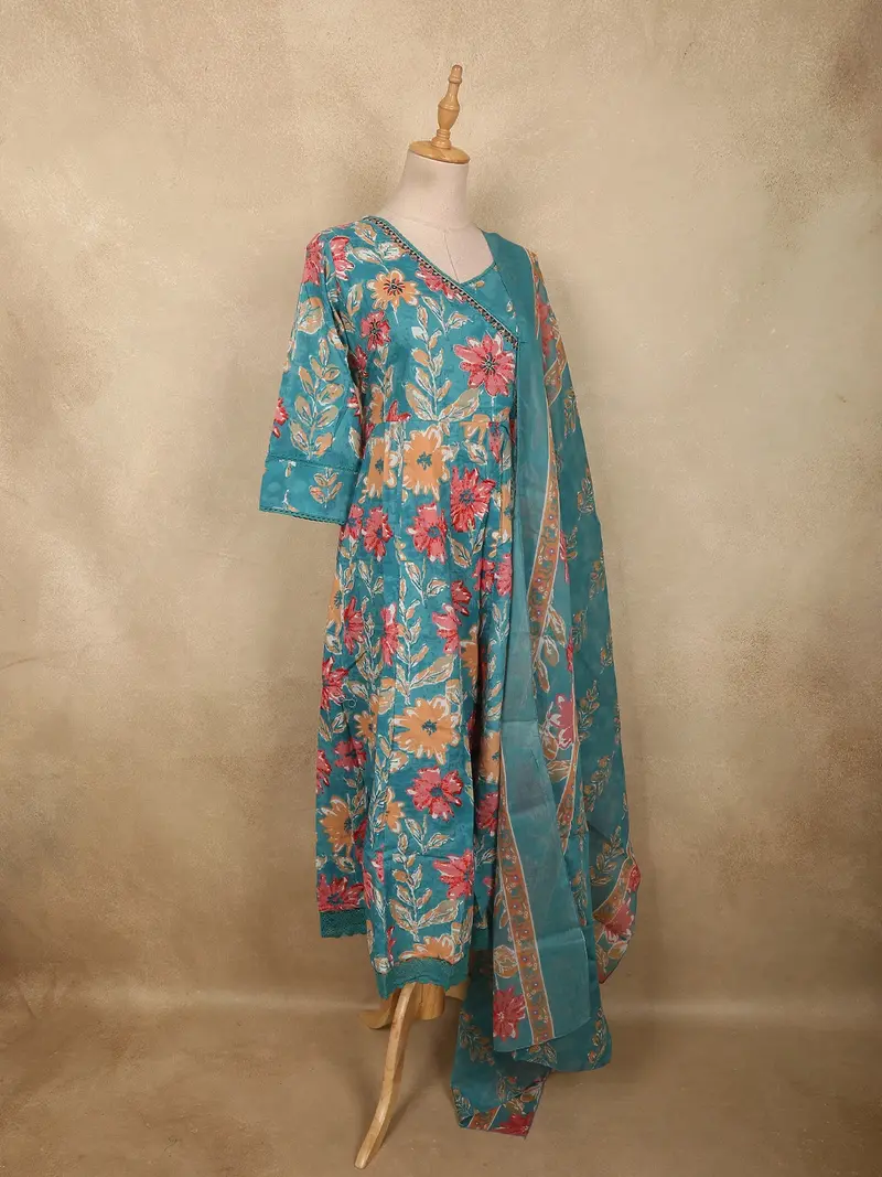 Soft Aqua Teal Blue Floral Printed Design Cotton Anarkali Salwar Suit With Dupatta 4