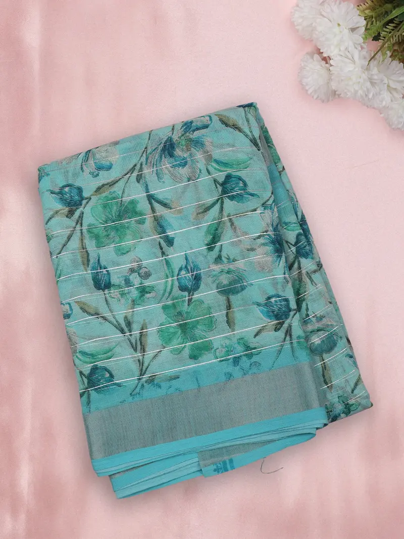 Soft Aqua Teal Blue Floral Printed Design Linen Cotton Saree 1