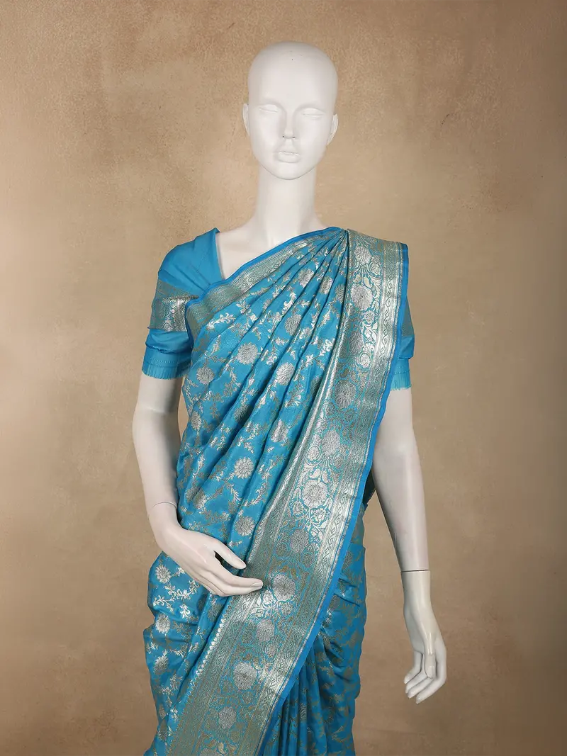 Soft Aqua Teal Blue Floral Zari Woven Design Semi Banarasi Saree With Floral Zari Border 1