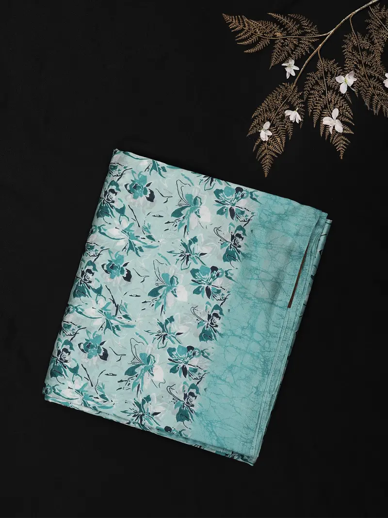 Soft Aqua Teal Floral Printed Design Crepe Silk Saree 1