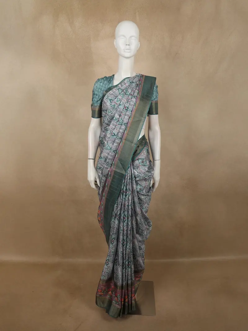 Soft Ash Grey And Olive Green Floral Printed Design Semi Tussar Saree 1