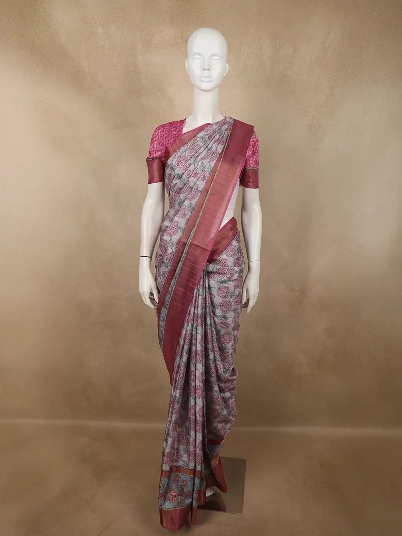 Soft Ash Grey And Rose Pink Floral Printed Design Semi Tussar Saree 1