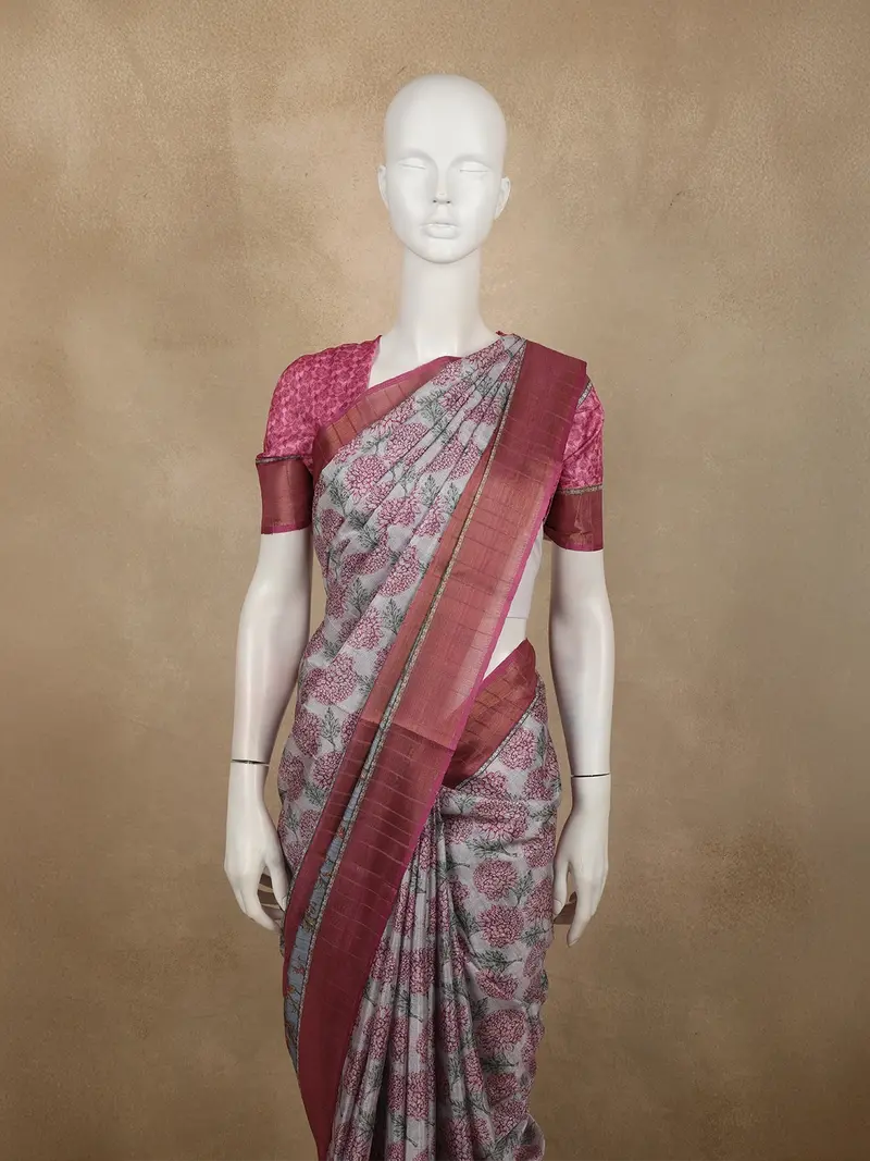 Soft Ash Grey And Rose Pink Floral Printed Design Semi Tussar Saree 2