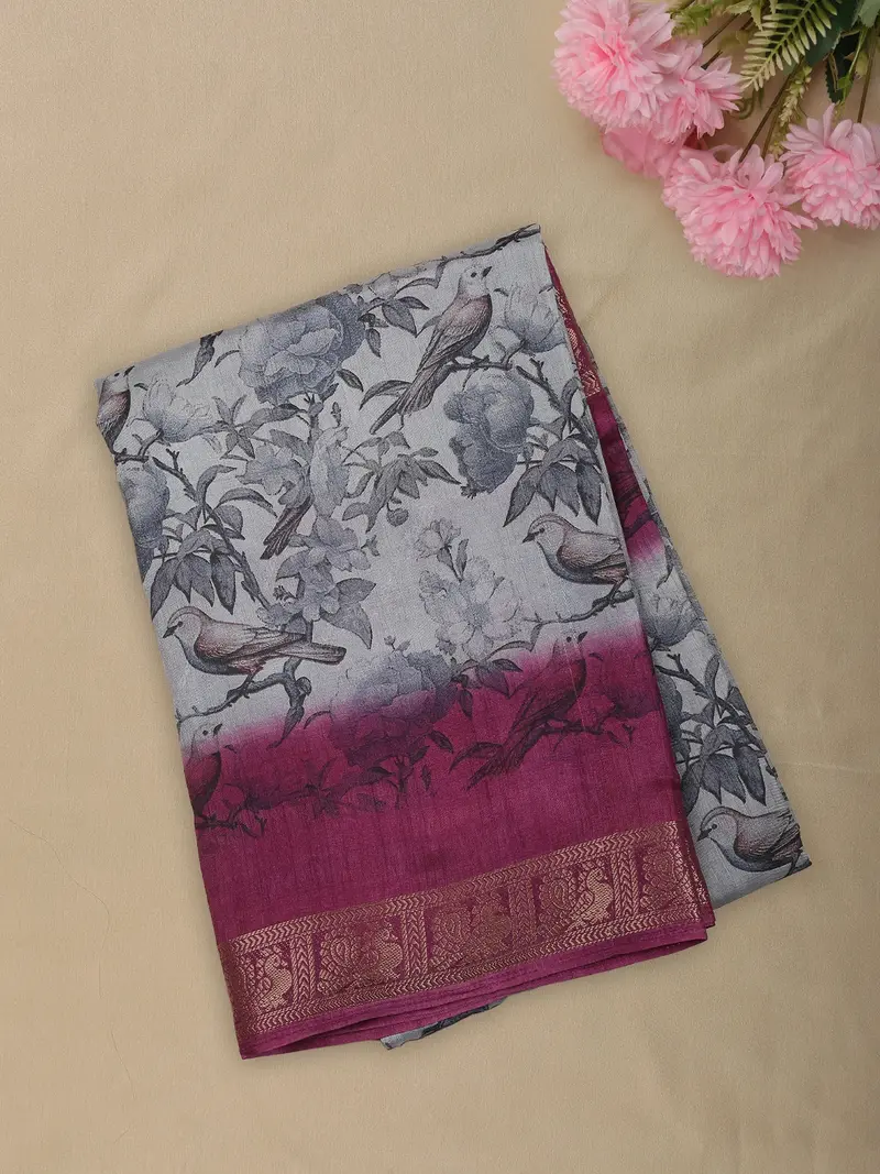 Soft Ash Grey Bird And Floral Garden Printed Design Mixed Cotton Saree With Ornamental Zari Woven Border 1