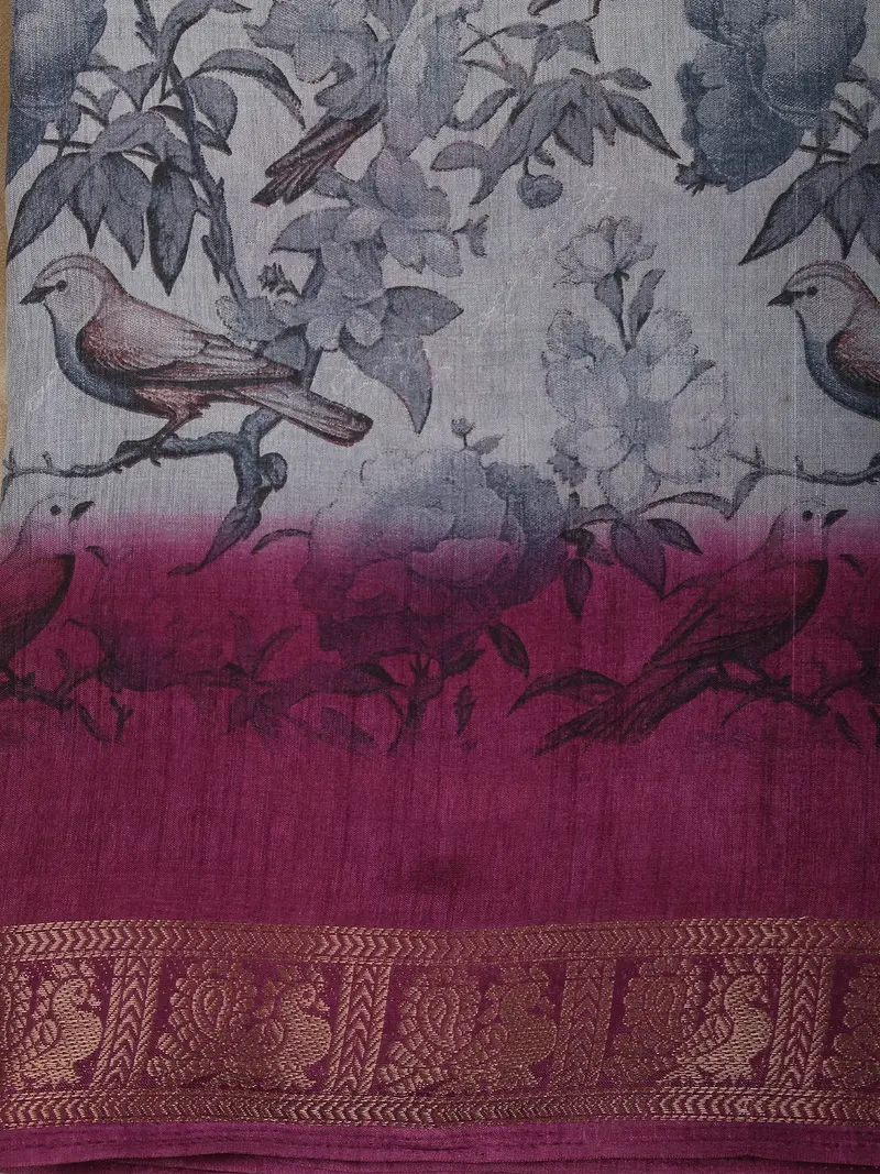 Soft Ash Grey Bird And Floral Garden Printed Design Mixed Cotton Saree With Ornamental Zari Woven Border 2