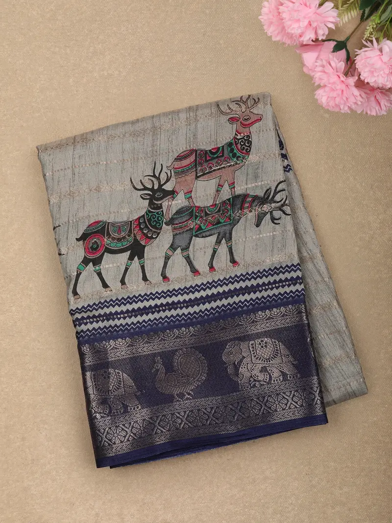 Soft Ash Grey Deer Motif Printed Design Crepe Saree With Animal Motif Zari Border 1