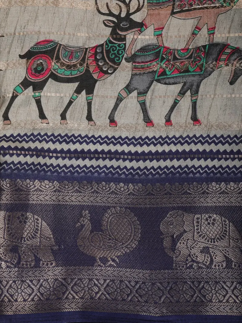 Soft Ash Grey Deer Motif Printed Design Crepe Saree With Animal Motif Zari Border 2