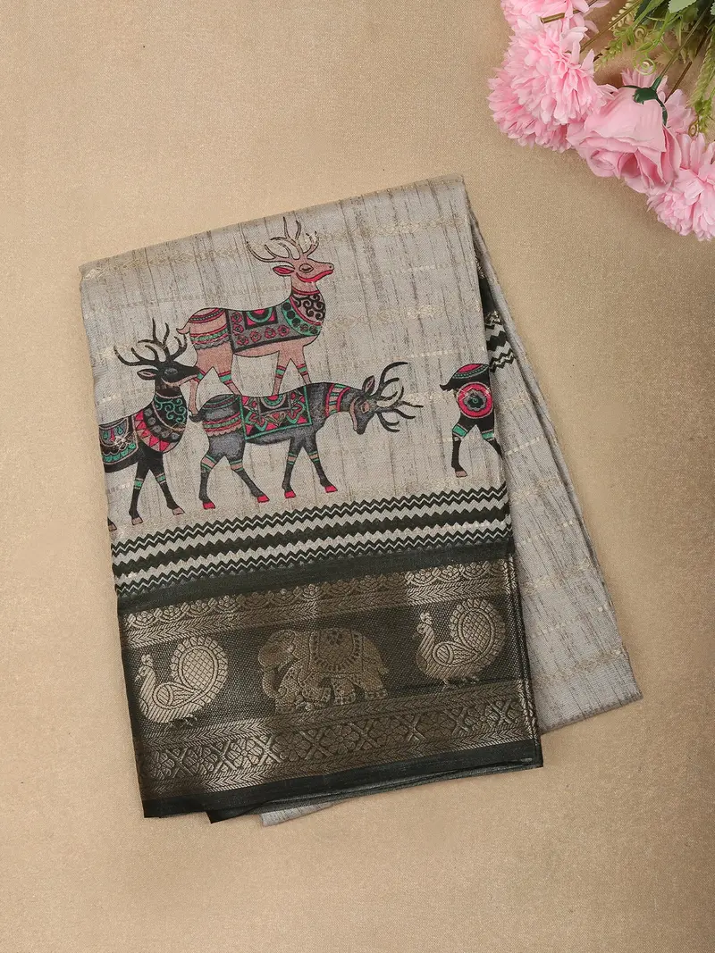 Soft Ash Grey Deer Motif Printed Design Mixed Cotton Saree With Animal Motif Zari Border 1