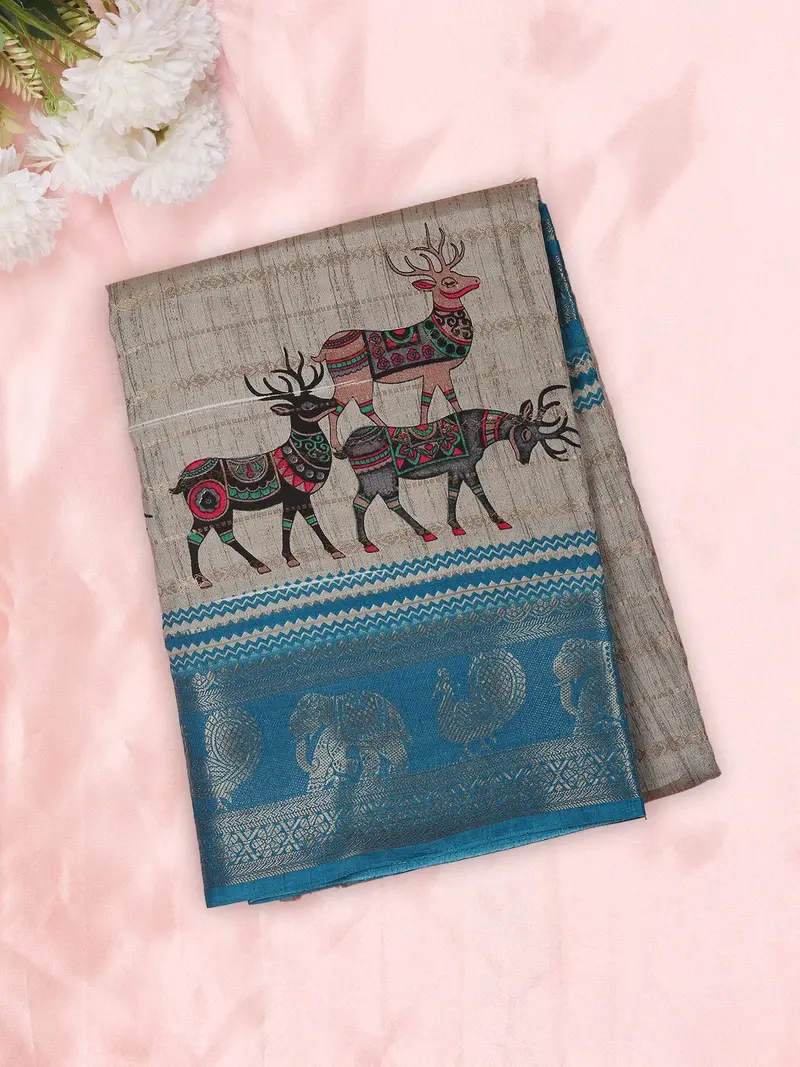 Soft Ash Grey Deer Motif Printed Design Semi Silk Saree With Teal Blue Animal Motif Border 1