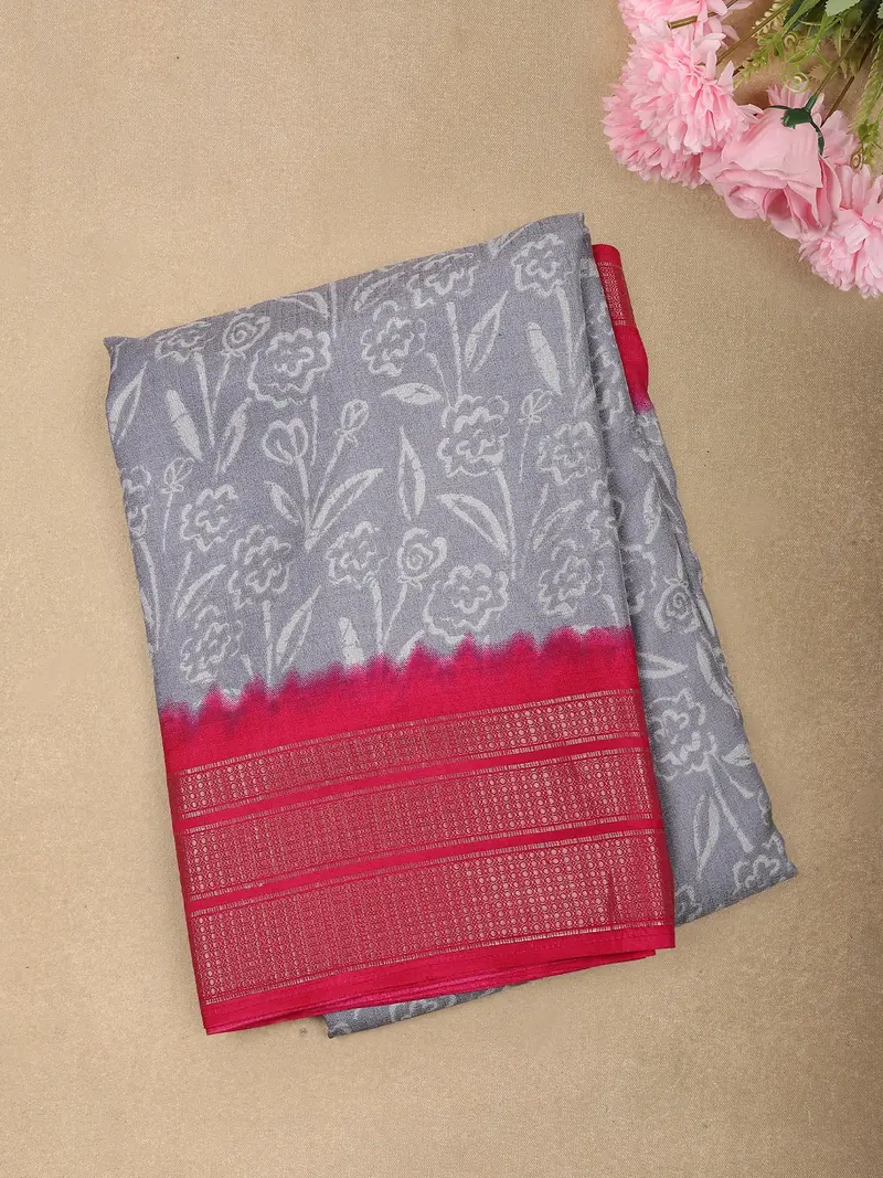 Soft Ash Grey Floral And Leaf Printed Design Mixed Cotton Saree With Contrast Zari Border 1