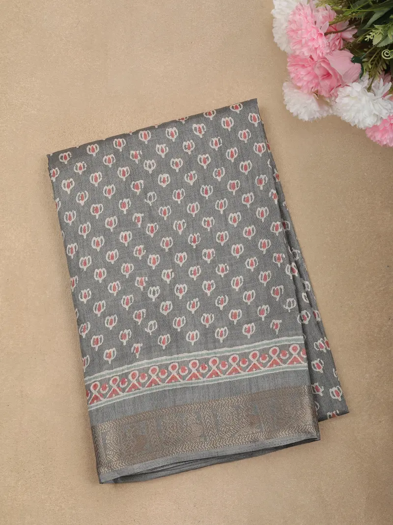 Soft Ash Grey Floral Butta Printed Design Crepe Silk Saree 1