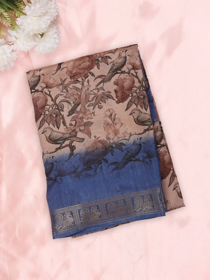 Soft Beige Floral And Birds Printed Design Semi Silk Saree With Contrast Border 1