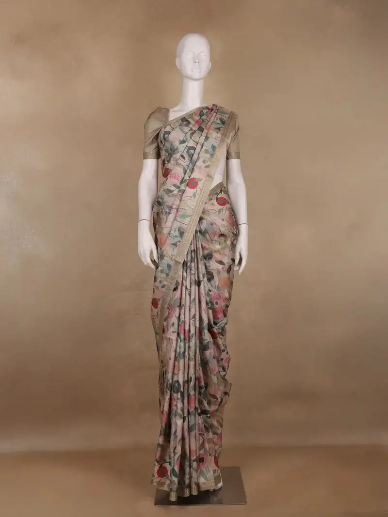 Soft Beige Floral Design Tussar Silk Saree 1