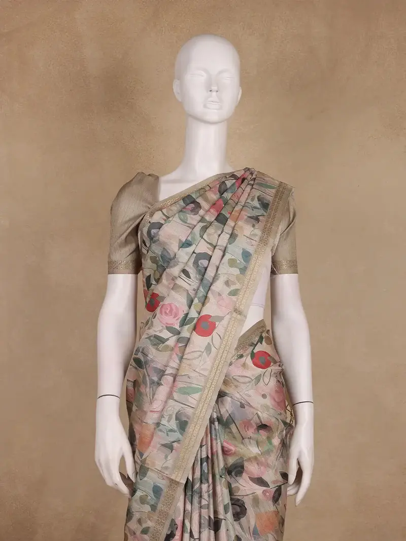 Soft Beige Floral Design Tussar Silk Saree 2