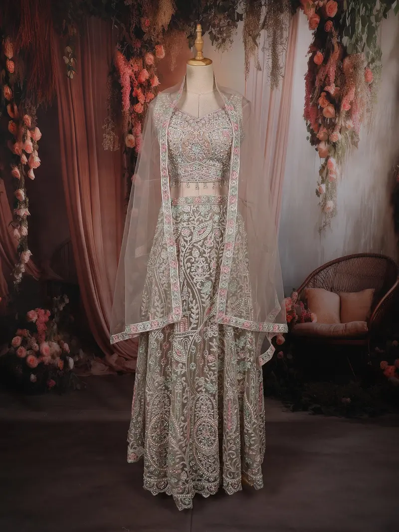 Soft Beige Floral Thread And Beads Embroidered Design Net Lehenga With Dupatta 1