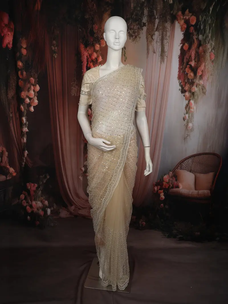 Soft Beige Heavy Sequins And Beads Embroidered Design Net Designer Saree With Designer Border 1