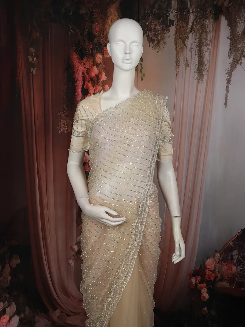 Soft Beige Heavy Sequins And Beads Embroidered Design Net Designer Saree With Designer Border 2