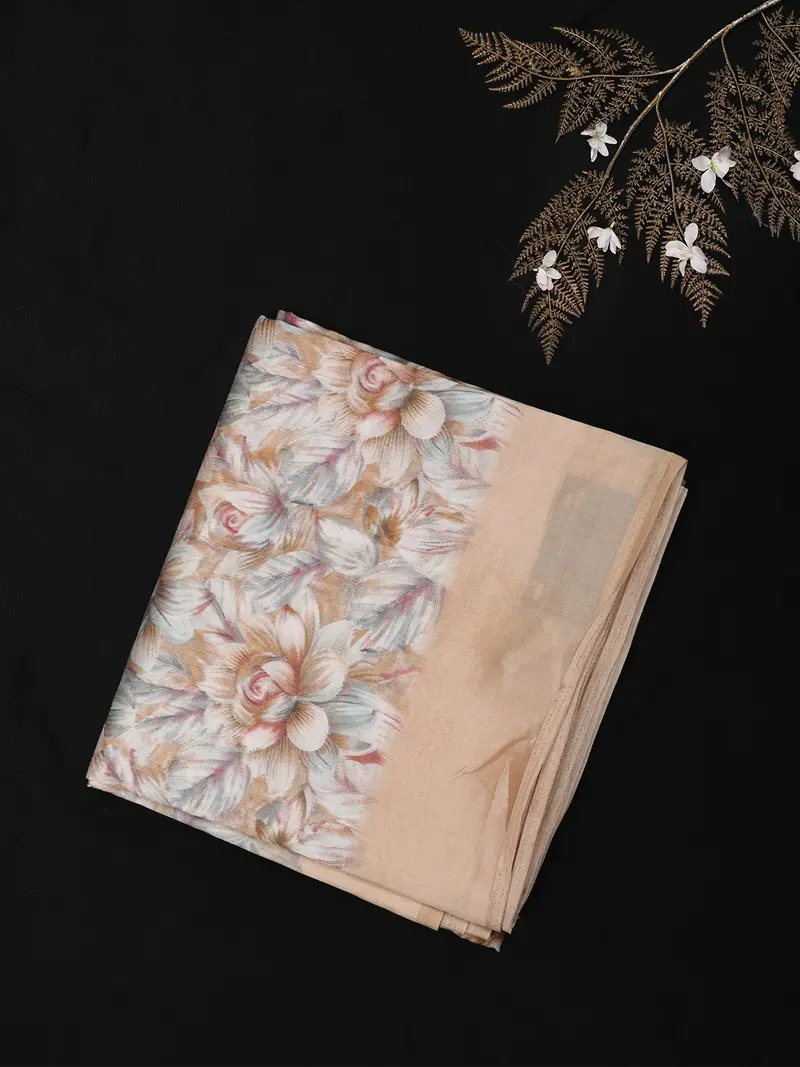 Soft Beige Peach Floral Printed Design Crepe Silk Saree 1