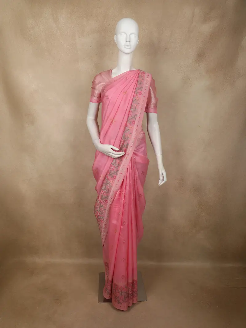 Soft Blossom Pink Flower Butta Zari Woven Design Banarasi Silk Saree 1