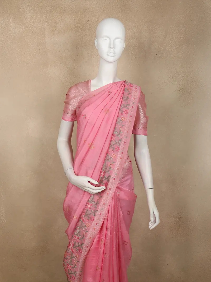 Soft Blossom Pink Flower Butta Zari Woven Design Banarasi Silk Saree 2
