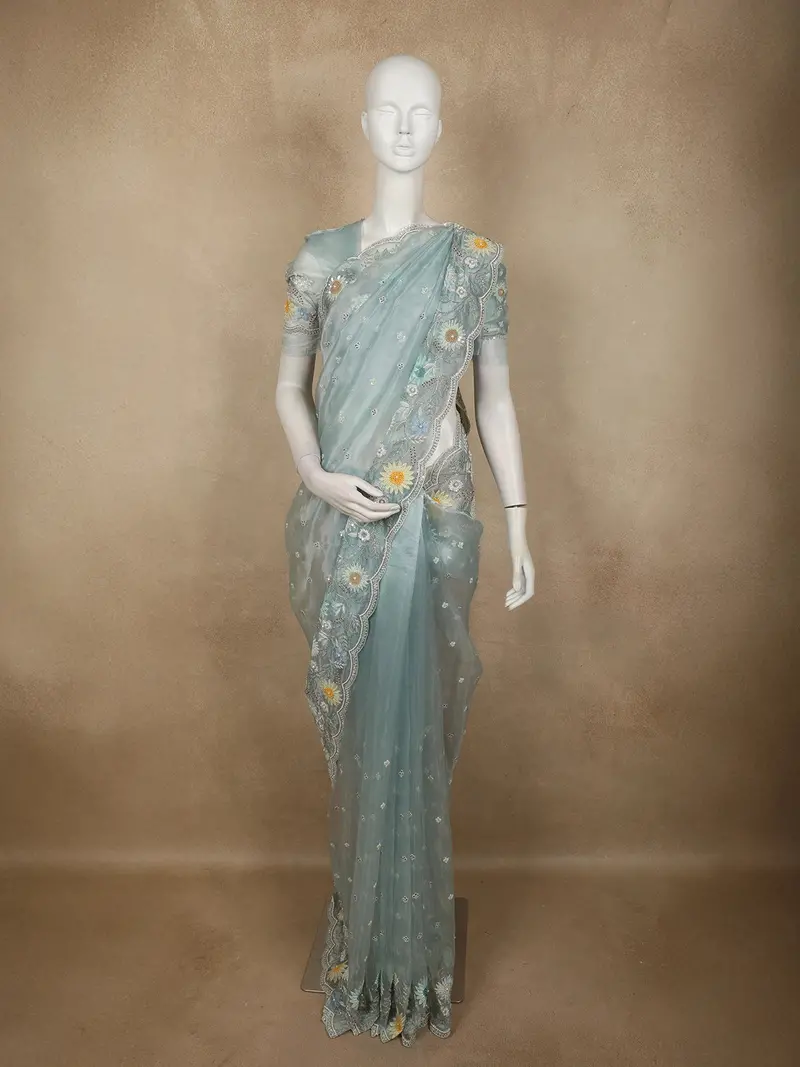 Soft Blue Floral Sequins And Beads Embroidered Design Pure Organza Designer Saree With Designer Border 1