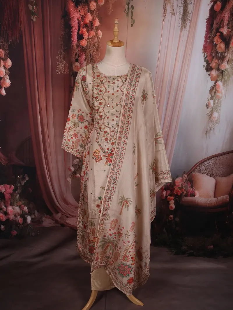 Soft Blush Beige Floral Sequins Embroidered Design Tissue Straight Cut Salwar Suit 1