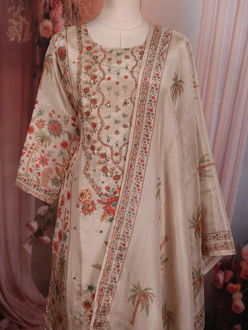 Soft Blush Beige Floral Sequins Embroidered Design Tissue Straight Cut Salwar Suit 2