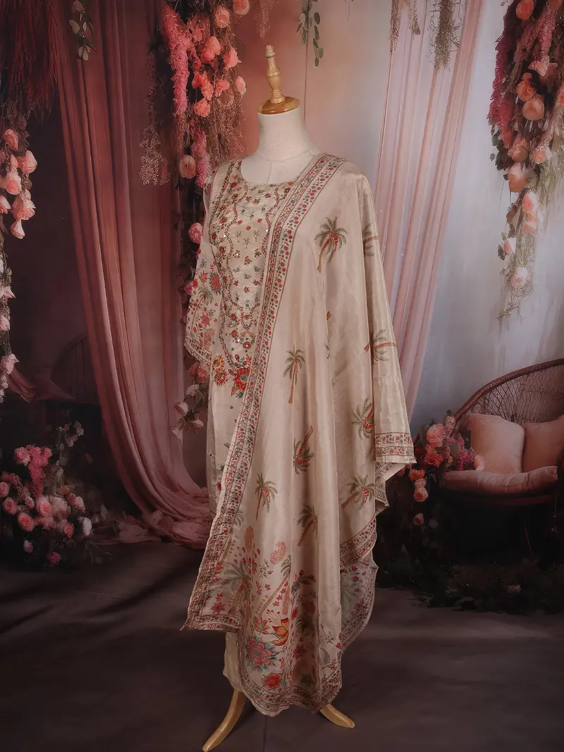 Soft Blush Beige Floral Sequins Embroidered Design Tissue Straight Cut Salwar Suit 3